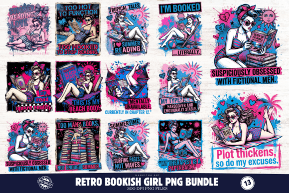 Download Retro Bookish Girl PNG Illustrations - Book Collection